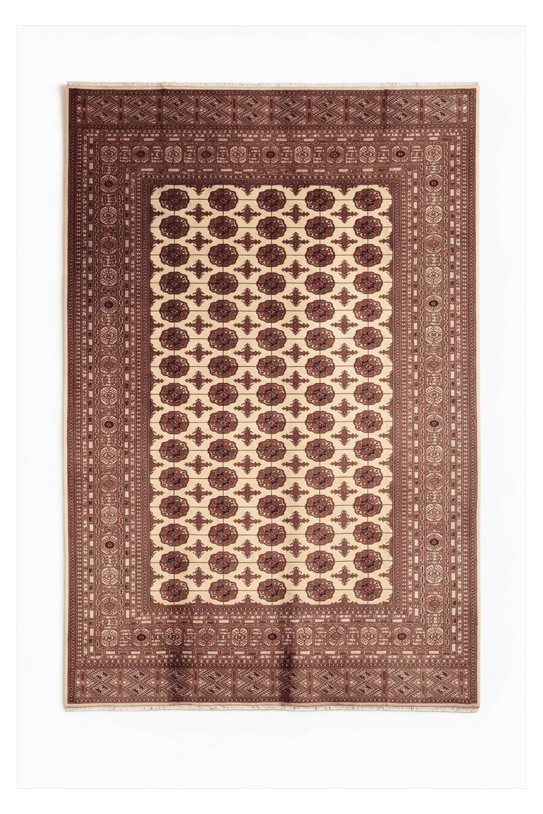 Ivory and chestnut Turkmen gül Bokhara Sherwan rug, 280×362cm, 6 tatami