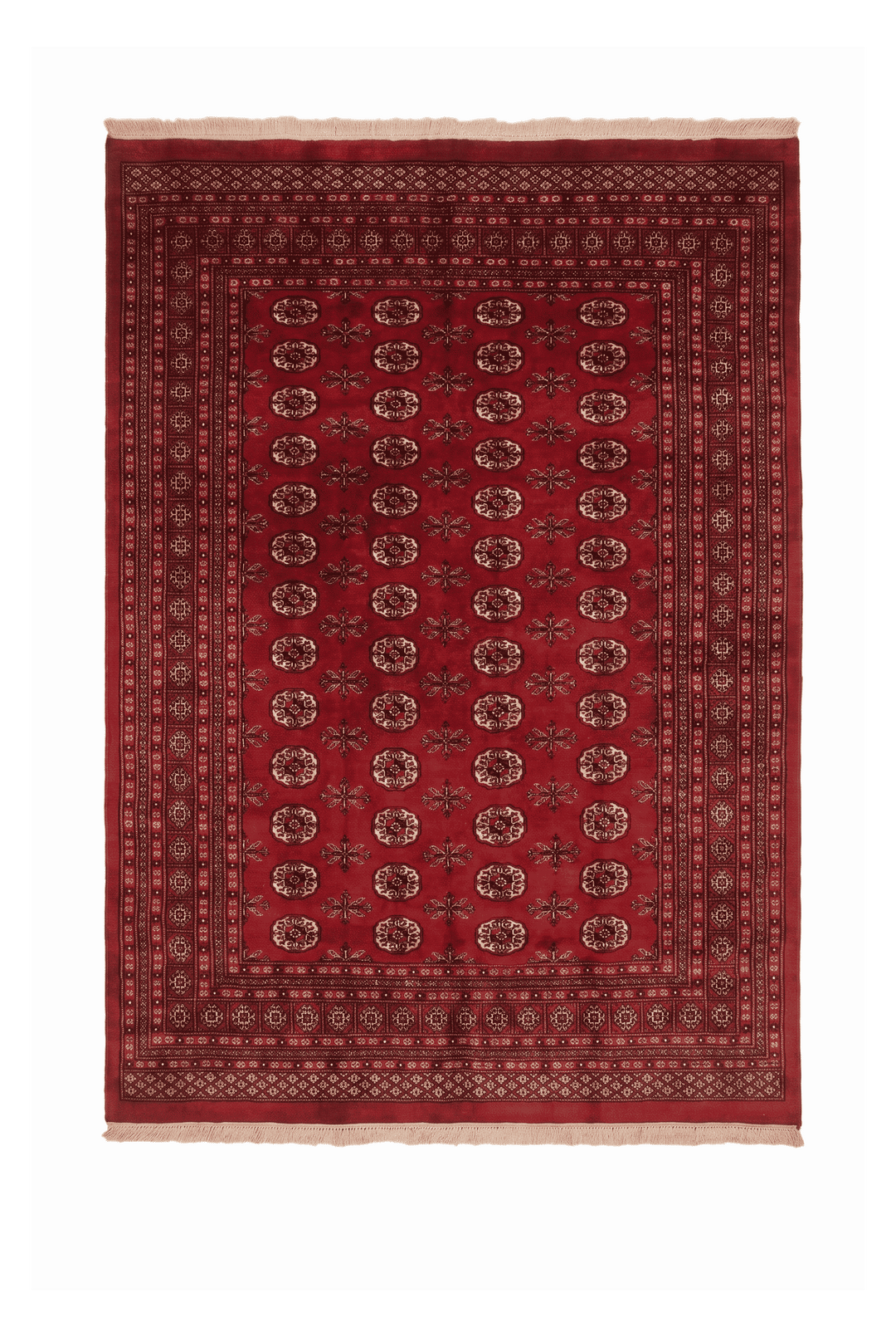 Madder red and wheat gold Turkmen gül Bokhara rug, 200×259cm, 3 tatami
