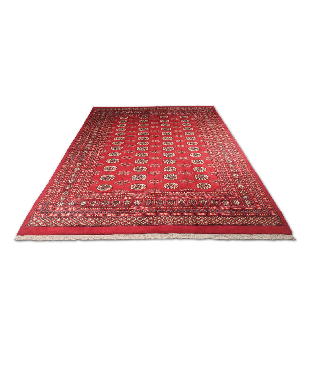 Hand-knotted wool pile of madder red Bokhara rug, 200×259cm