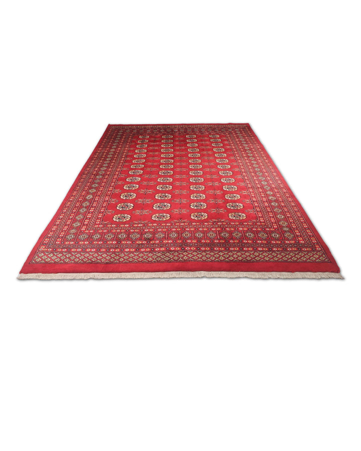 Hand-knotted wool pile of madder red Bokhara rug, 200×259cm