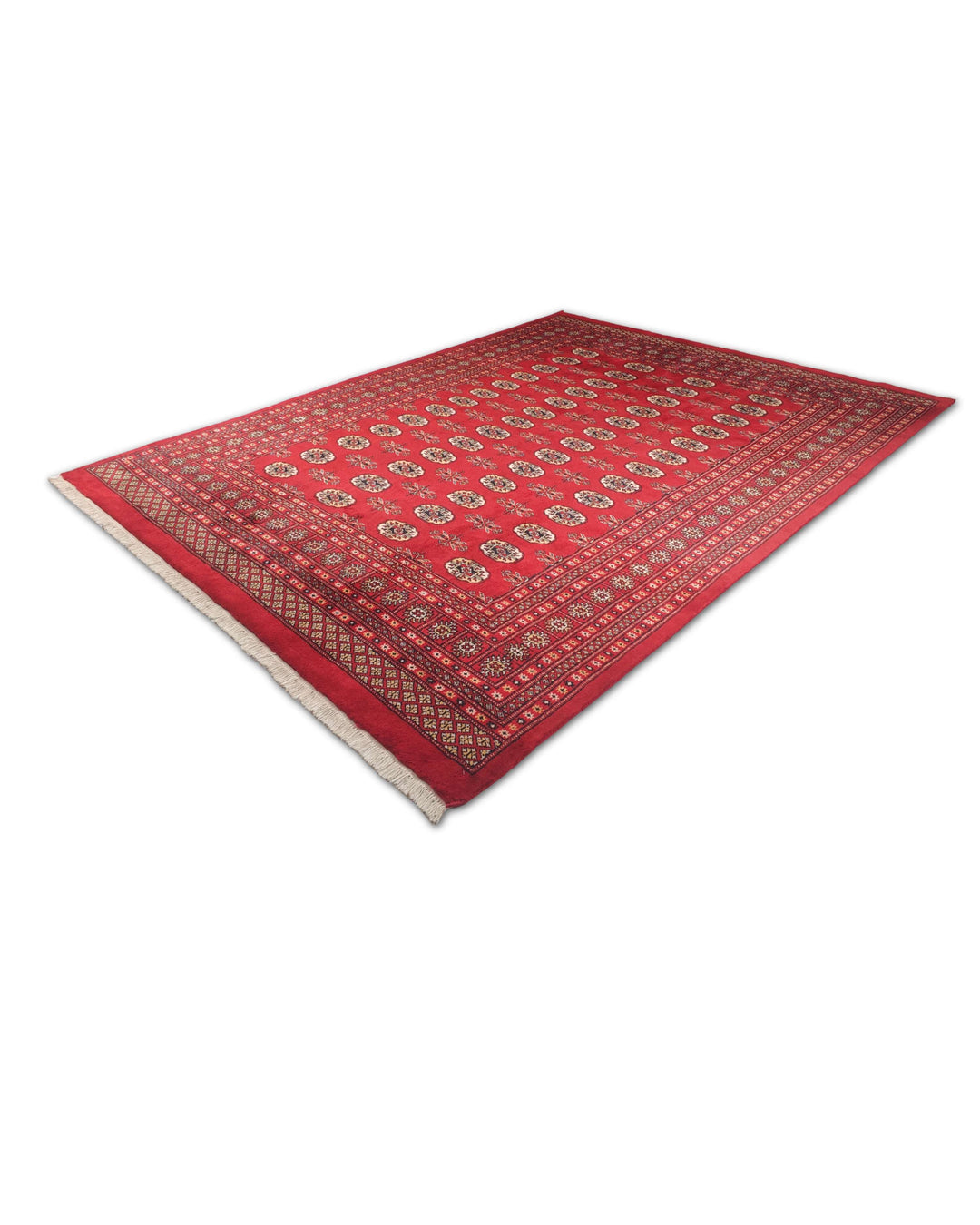Hand-knotted madder red Bokhara rug with wheat gold Turkmen güls
