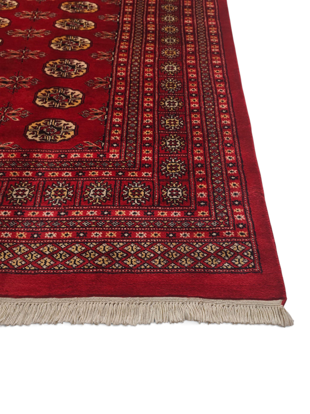 Madder red and wheat gold hand-knotted Bokhara rug, 200×259cm