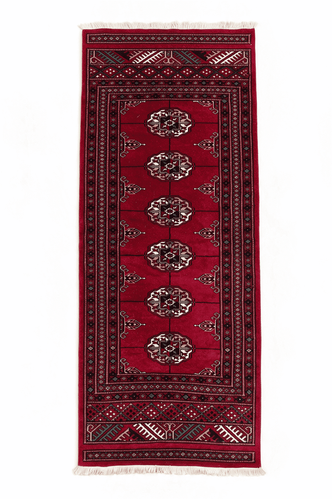 Madder red and ivory Turkmen gül Bokhara rug, 69×142cm, entrance mat size