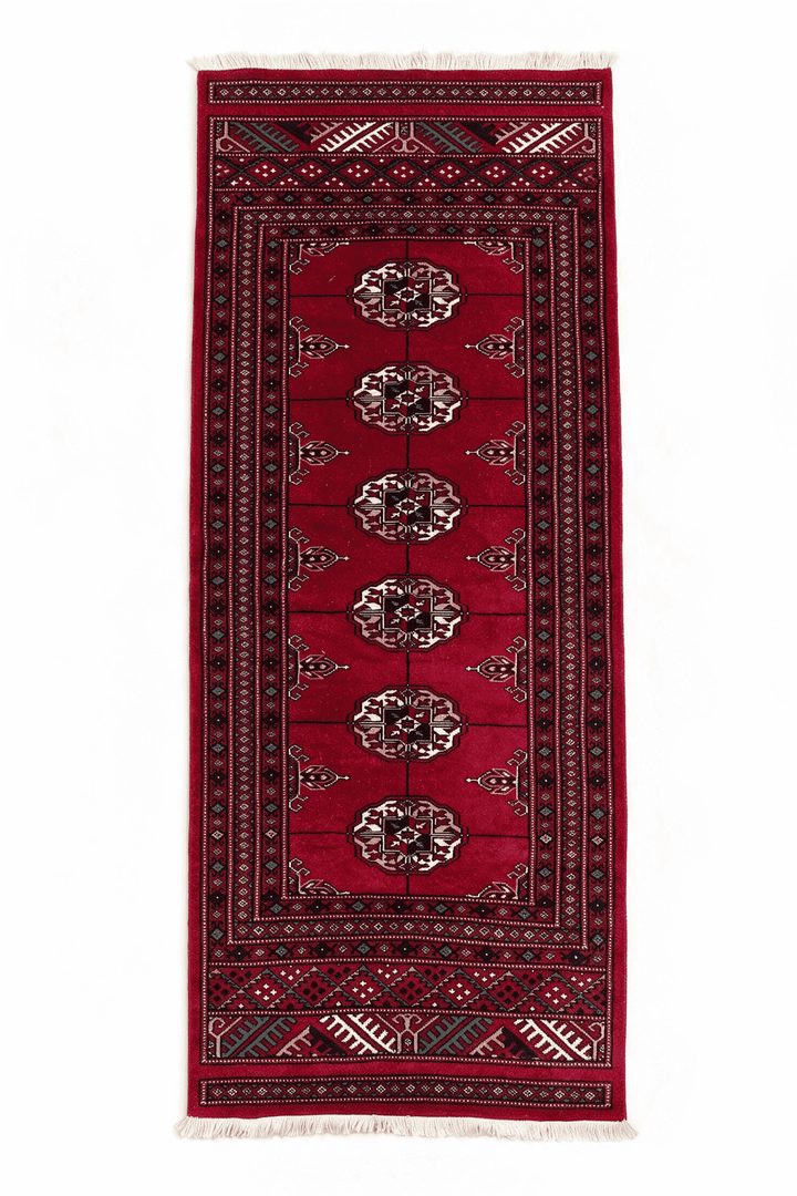Madder red and ivory Turkmen gül Bokhara rug, 69×142cm, entrance mat size