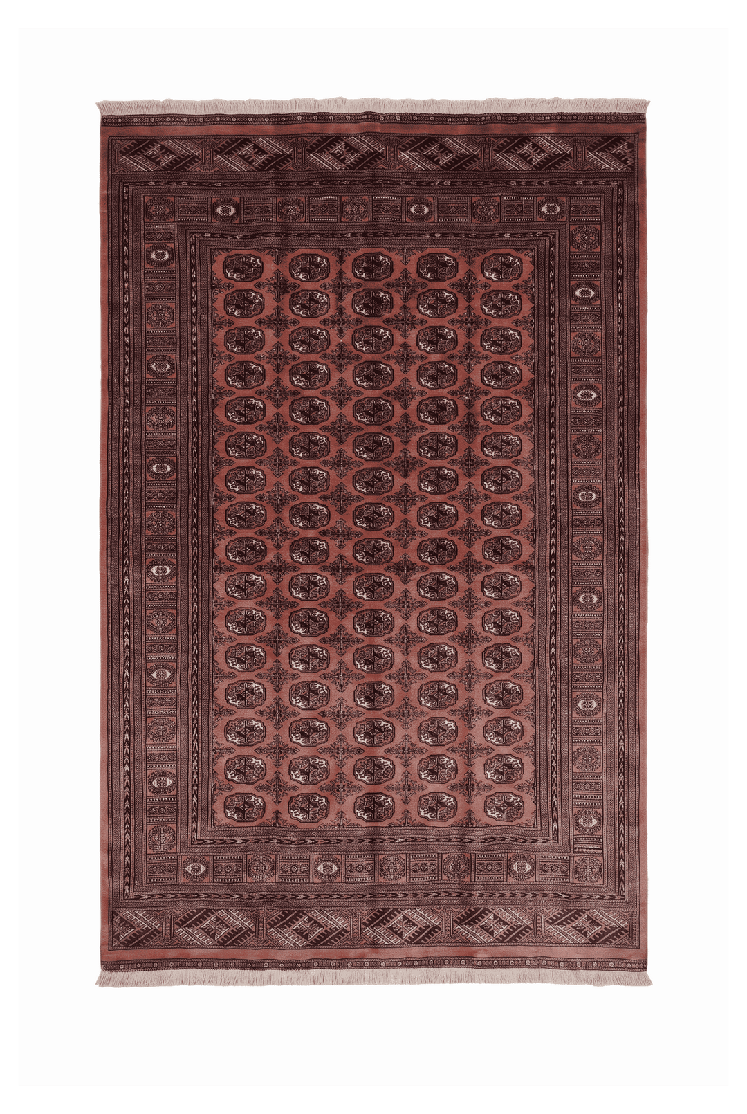 Terracotta and espresso Turkmen gül Bokhara rug, 187×271cm, 3 tatami