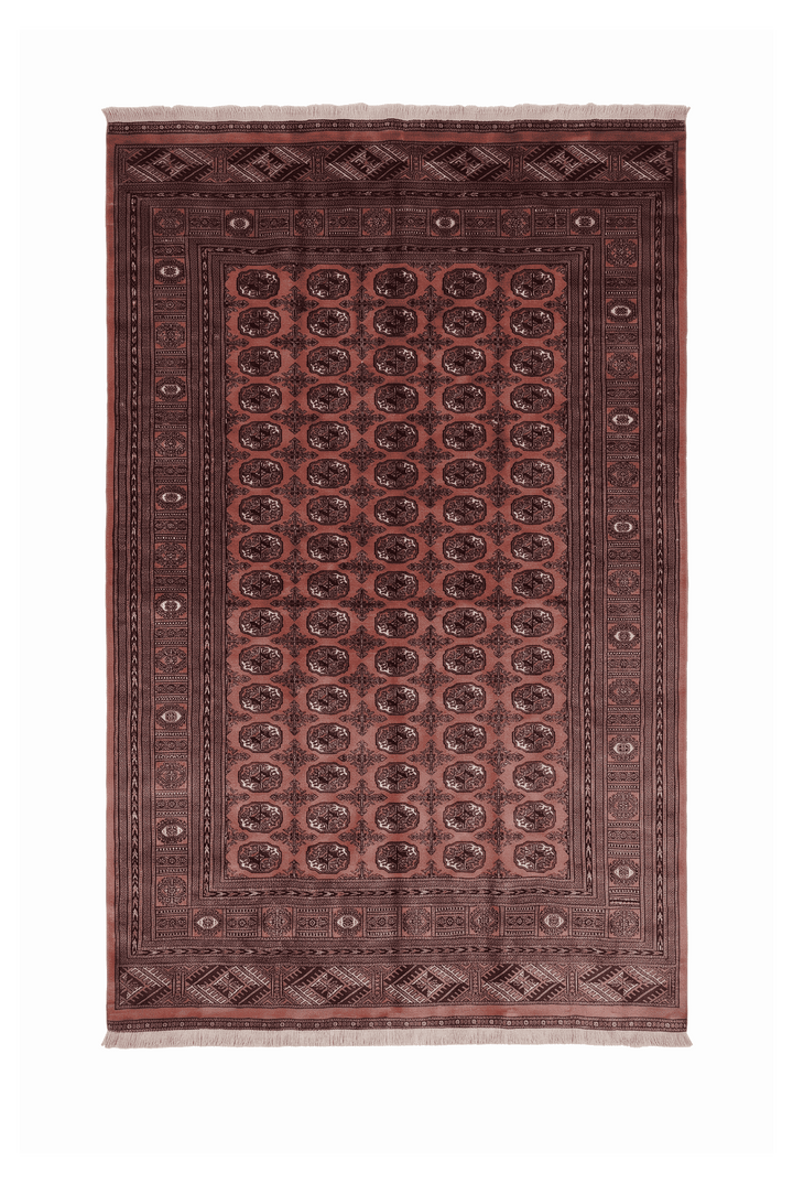 Terracotta and espresso Turkmen gül Bokhara rug, 187×271cm, 3 tatami