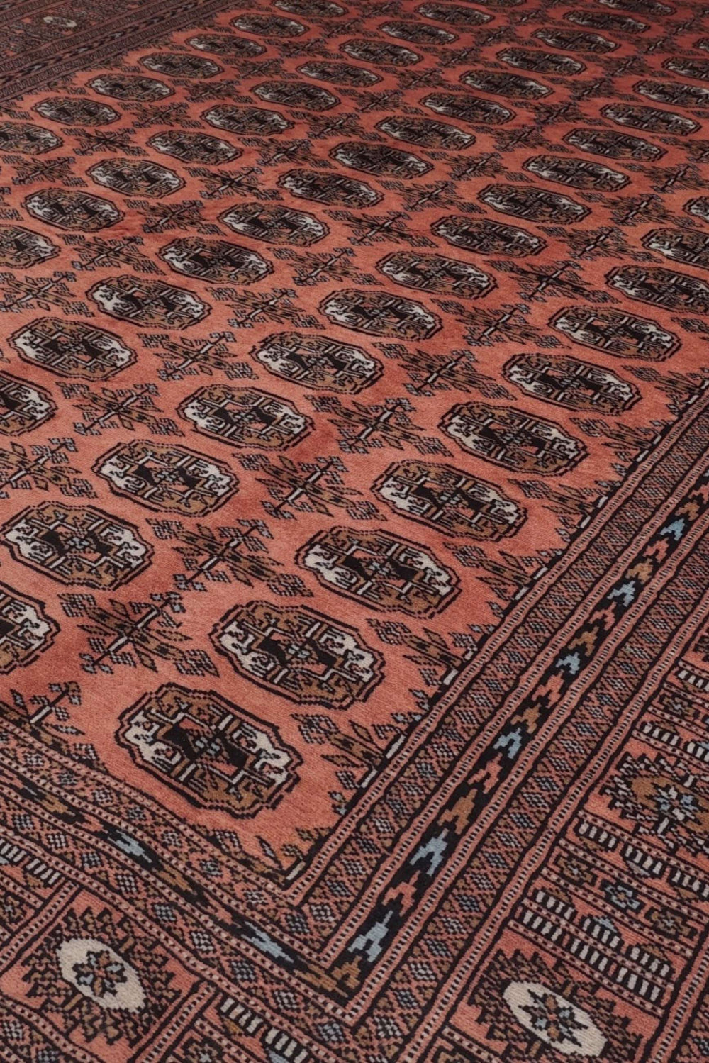 Turkmen gül motifs in terracotta and espresso on Bokhara rug