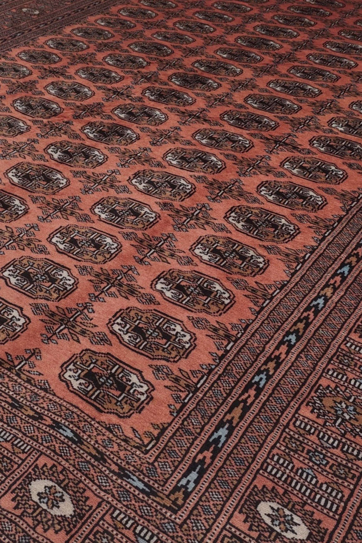 Turkmen gül motifs in terracotta and espresso on Bokhara rug