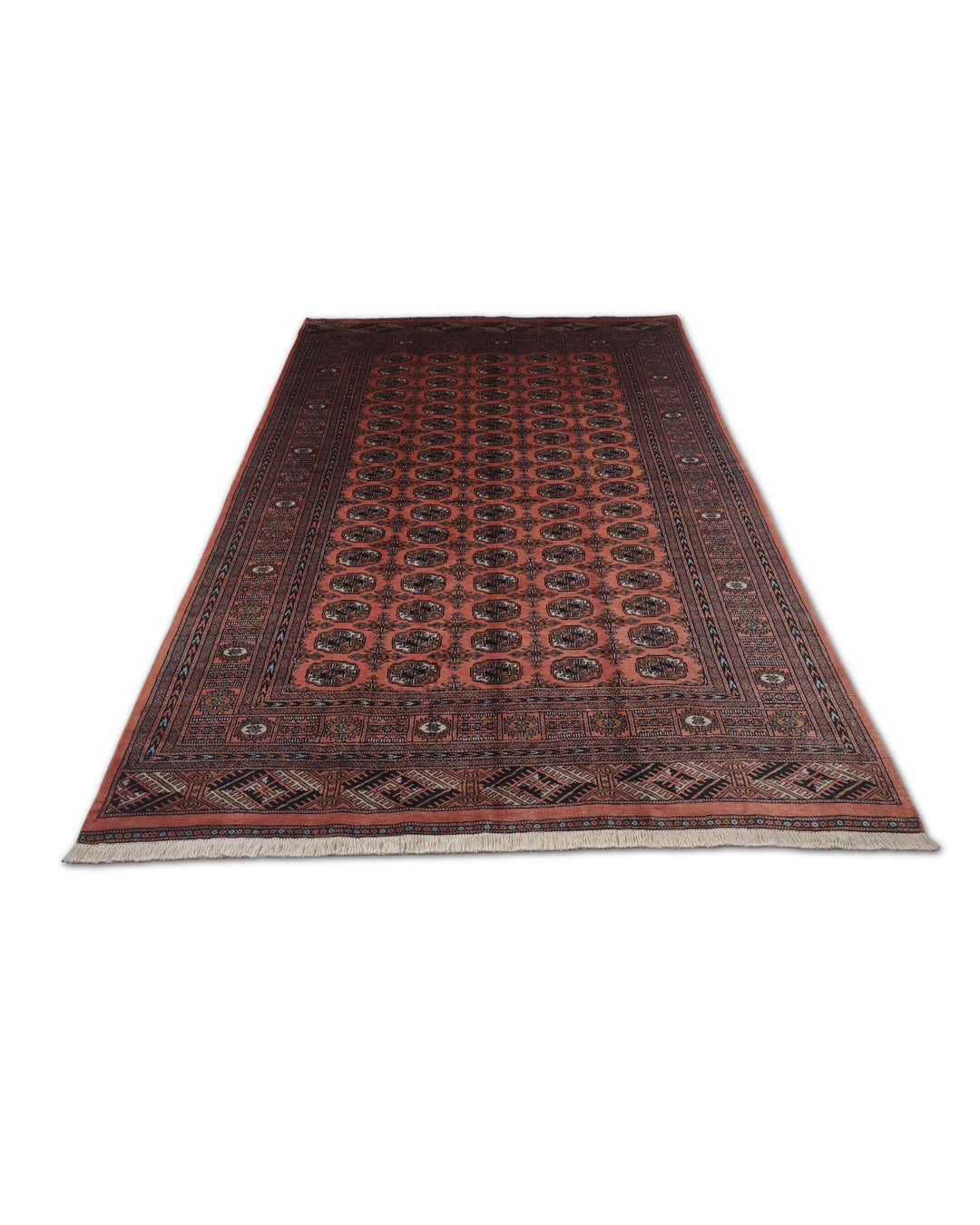 Border detail of terracotta and espresso hand-knotted Bokhara rug