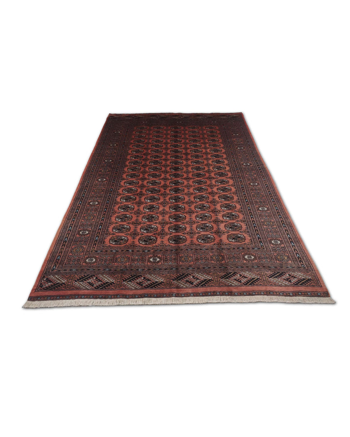 Border detail of terracotta and espresso hand-knotted Bokhara rug