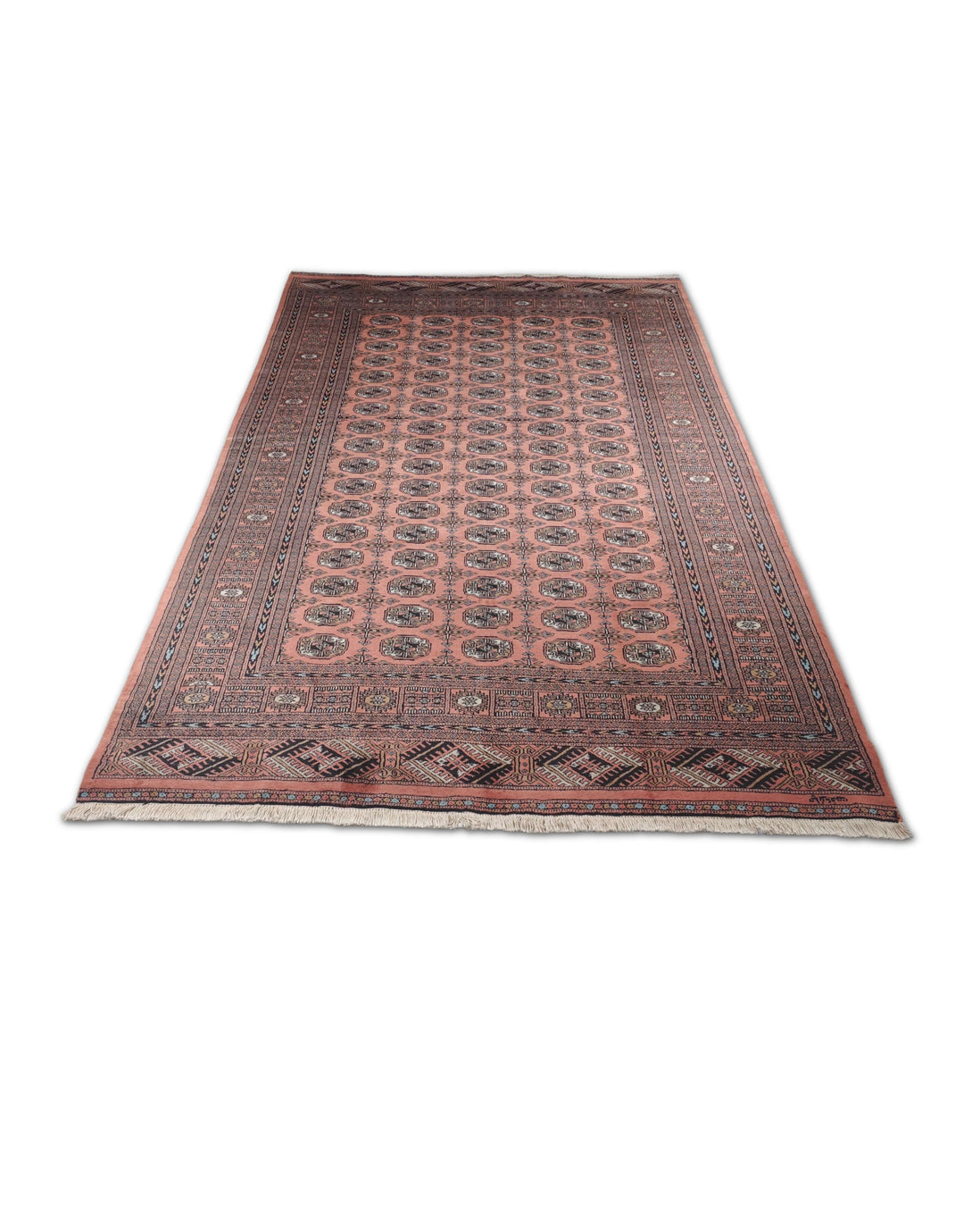 Hand-knotted wool pile of terracotta Bokhara rug, 187×271cm