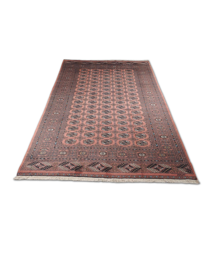Hand-knotted wool pile of terracotta Bokhara rug, 187×271cm