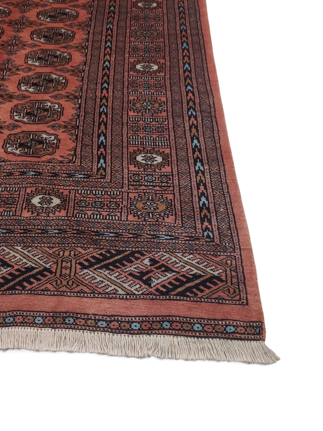 Terracotta and espresso hand-knotted Bokhara rug, 187×271cm