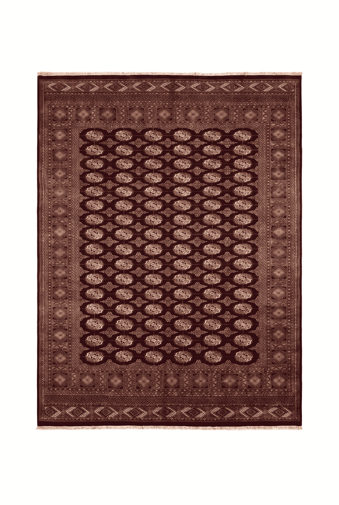 Aubergine and tan alternating gül Bokhara rug in Ghazni wool, 371×281cm, 6 tatami