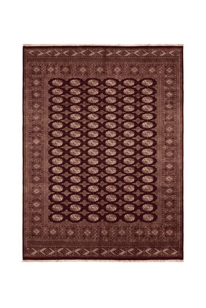 Aubergine and tan alternating gül Bokhara rug in Ghazni wool, 371×281cm, 6 tatami