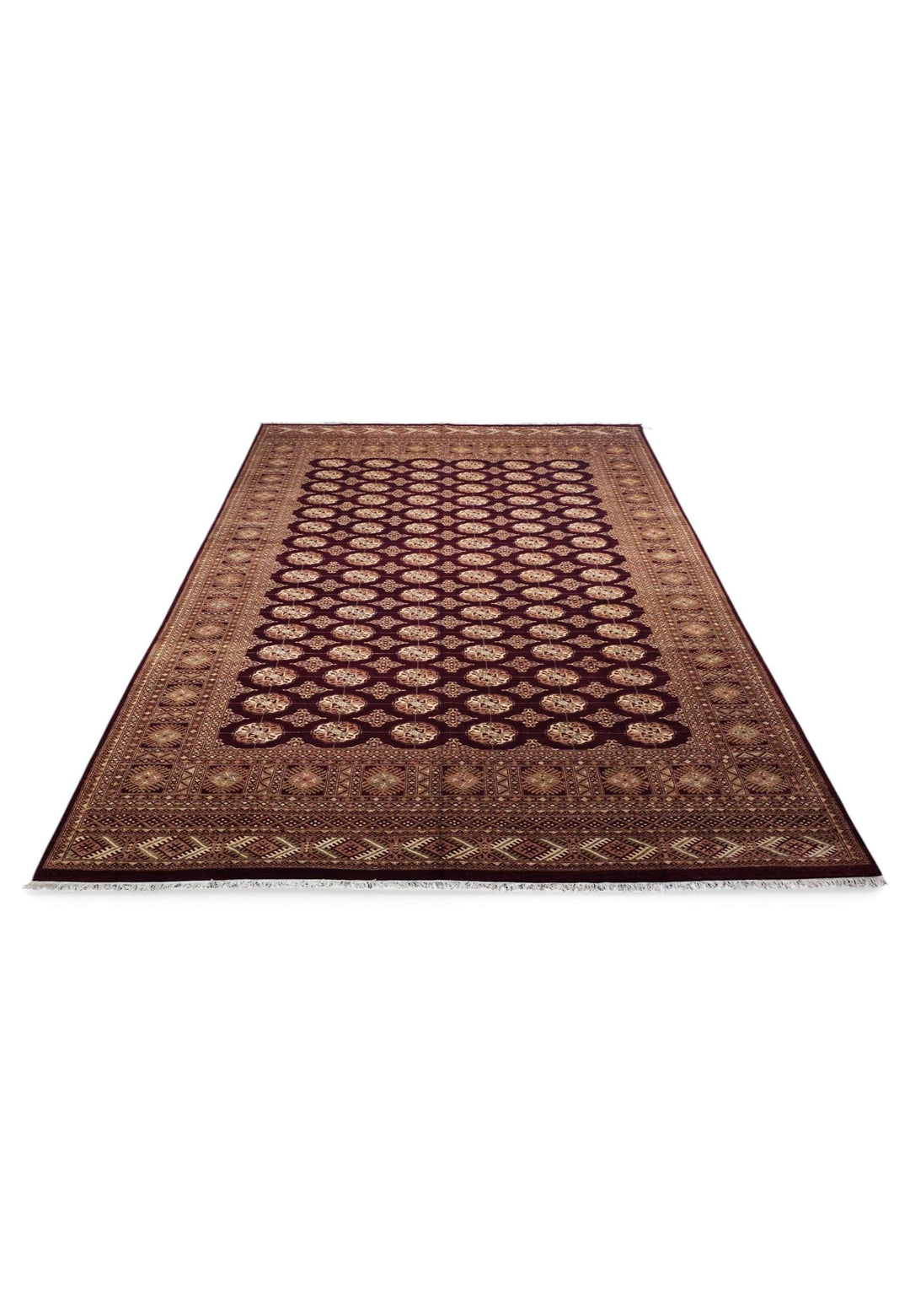 Border detail of aubergine and tan Ghazni wool Bokhara rug
