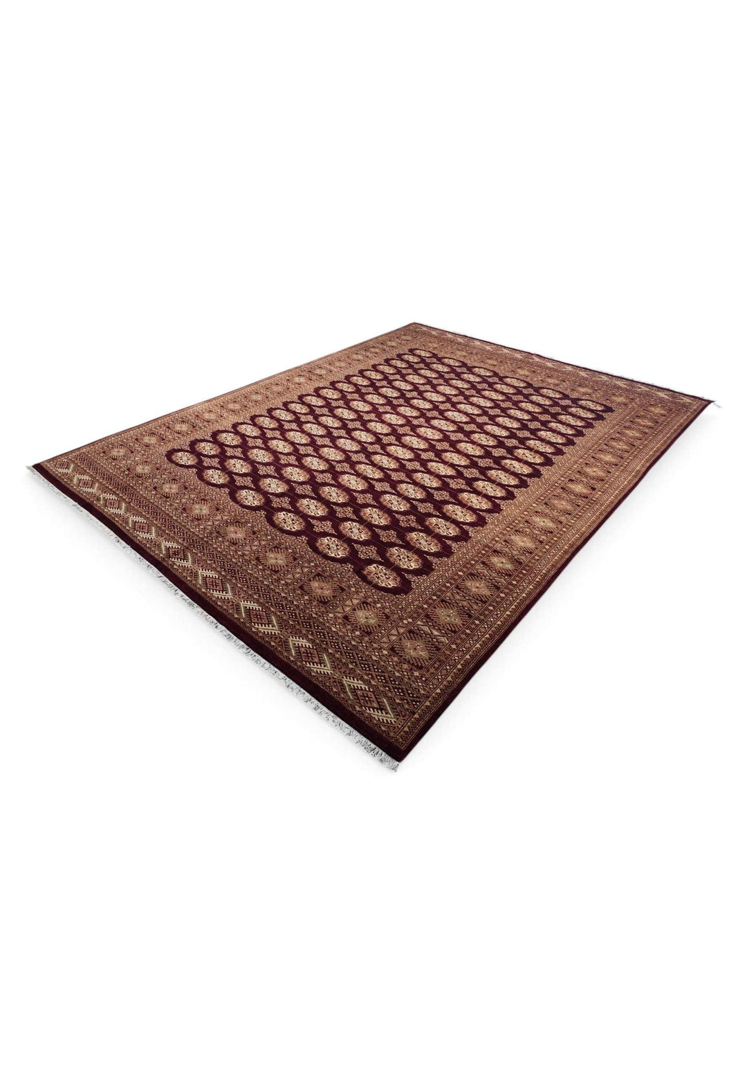 Ghazni wool pile of aubergine tan Bokhara rug, 371×281cm