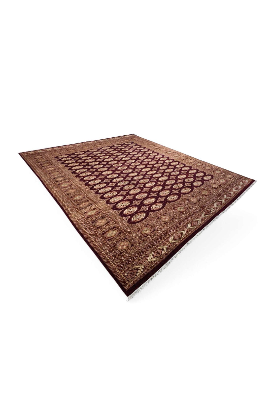 Aubergine tan Bokhara rug in Ghazni wool 371×281cm, Pakistani craftsmanship