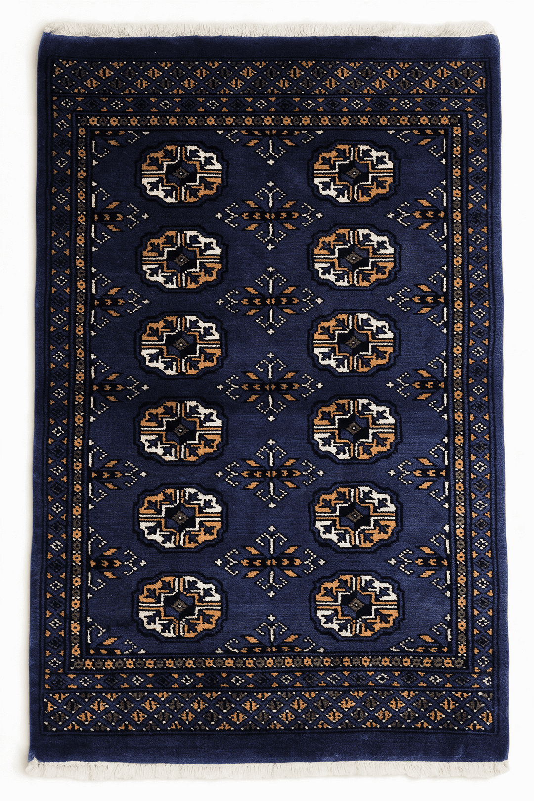 Navy Blue Pakistani Bokhara Rug, gul design, hand-knotted, 77×128cm