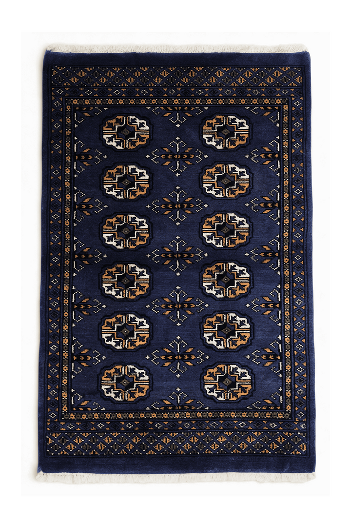 Navy Blue Pakistani Bokhara Rug, gul design, hand-knotted, 77×128cm