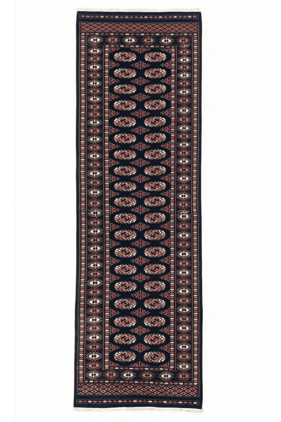 Navy and rose double column gül Bokhara runner, 79×289cm, hand-knotted wool