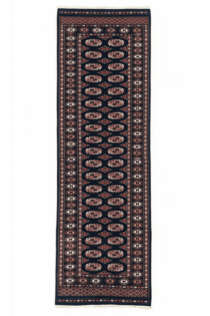 Navy and rose double column gül Bokhara runner, 79×289cm, hand-knotted wool