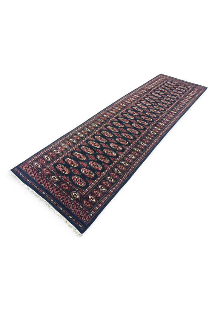 Hand-knotted wool pile of navy rose Bokhara runner, 79×289cm