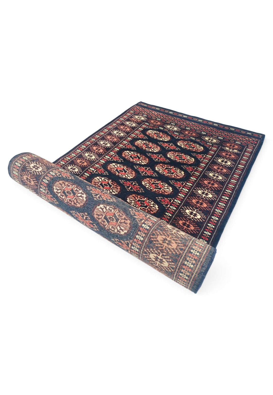 Navy and rose Turkmen gül runner for a hallway, 79×289cm