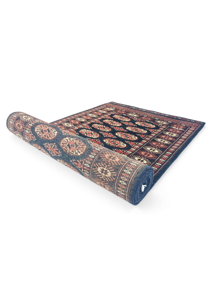 One-of-a-kind navy and rose Pakistani Bokhara runner