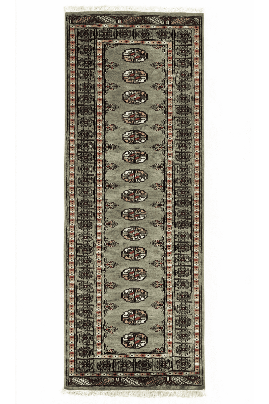 Olive and peach Turkmen gül Bokhara runner, 78×230cm, hand-knotted wool