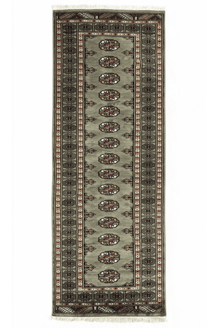 Olive and peach Turkmen gül Bokhara runner, 78×230cm, hand-knotted wool