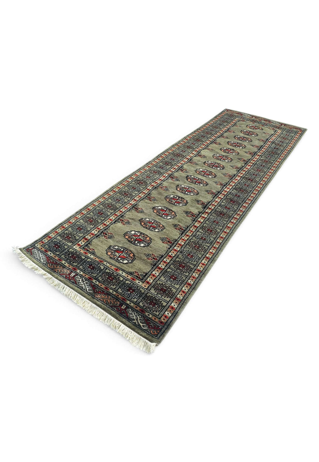 Hand-knotted wool pile of olive peach Bokhara runner, 78×230cm