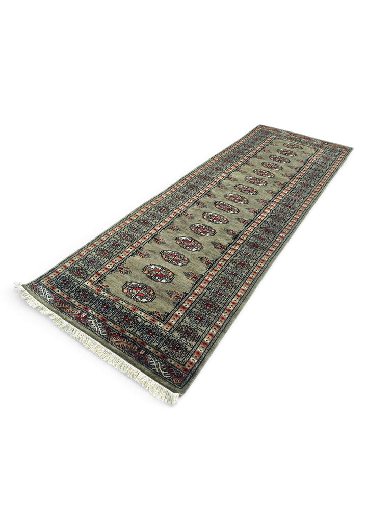 Hand-knotted wool pile of olive peach Bokhara runner, 78×230cm