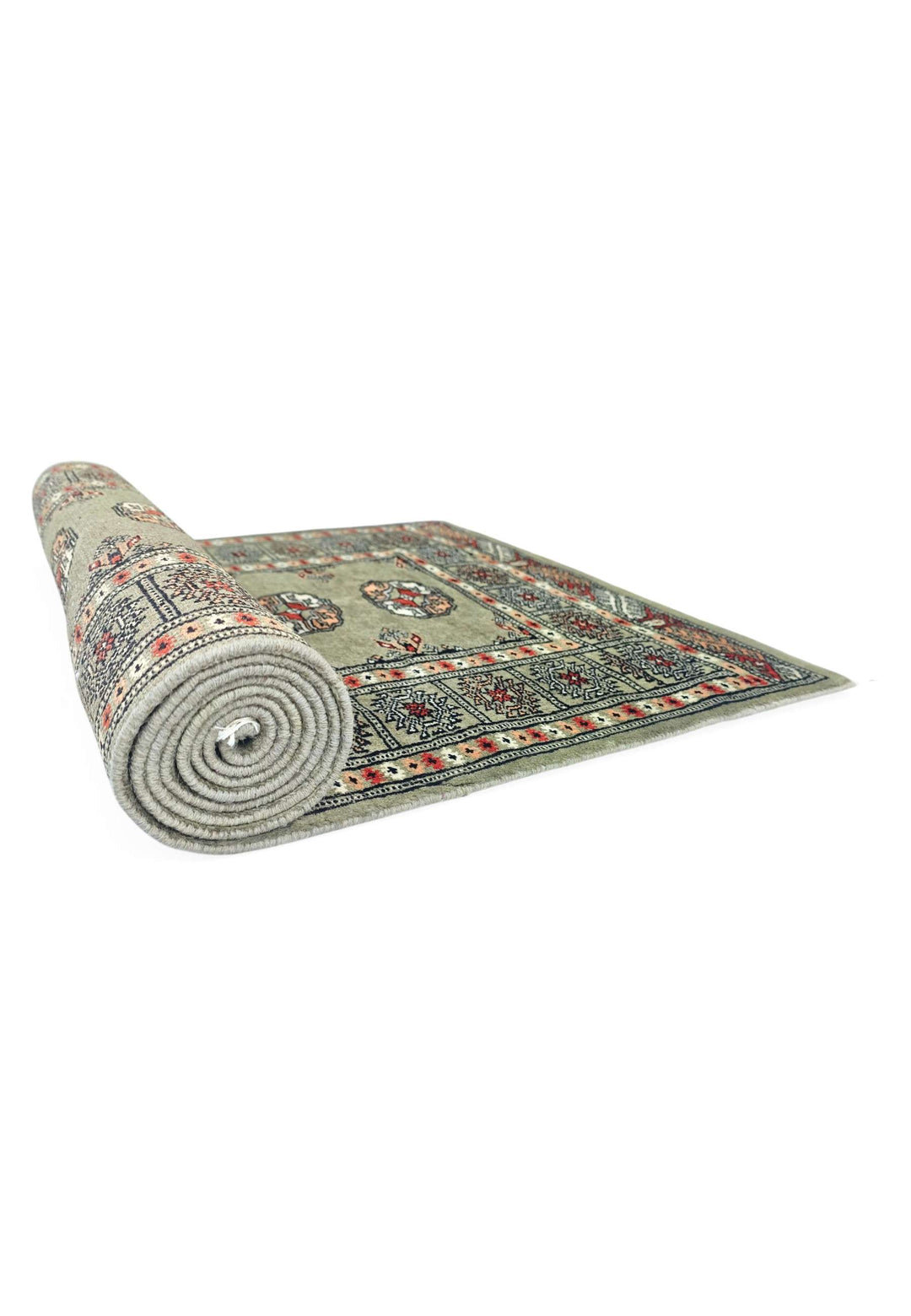 One-of-a-kind olive and peach Pakistani Bokhara runner