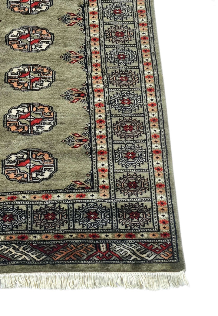 Olive and peach hand-knotted Bokhara wool runner, 230cm long