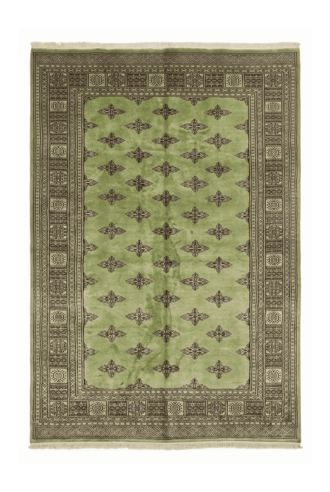 Olive green open field Bokhara hand-knotted wool rug, 167×233cm, 2 tatami