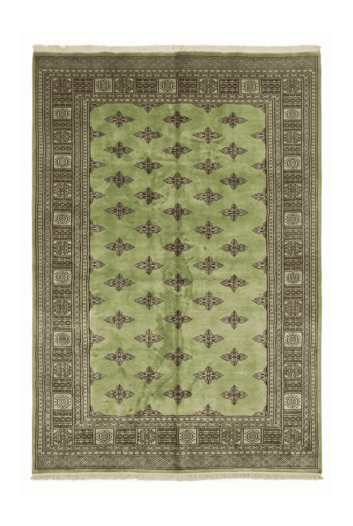 Olive green open field Bokhara hand-knotted wool rug, 167×233cm, 2 tatami