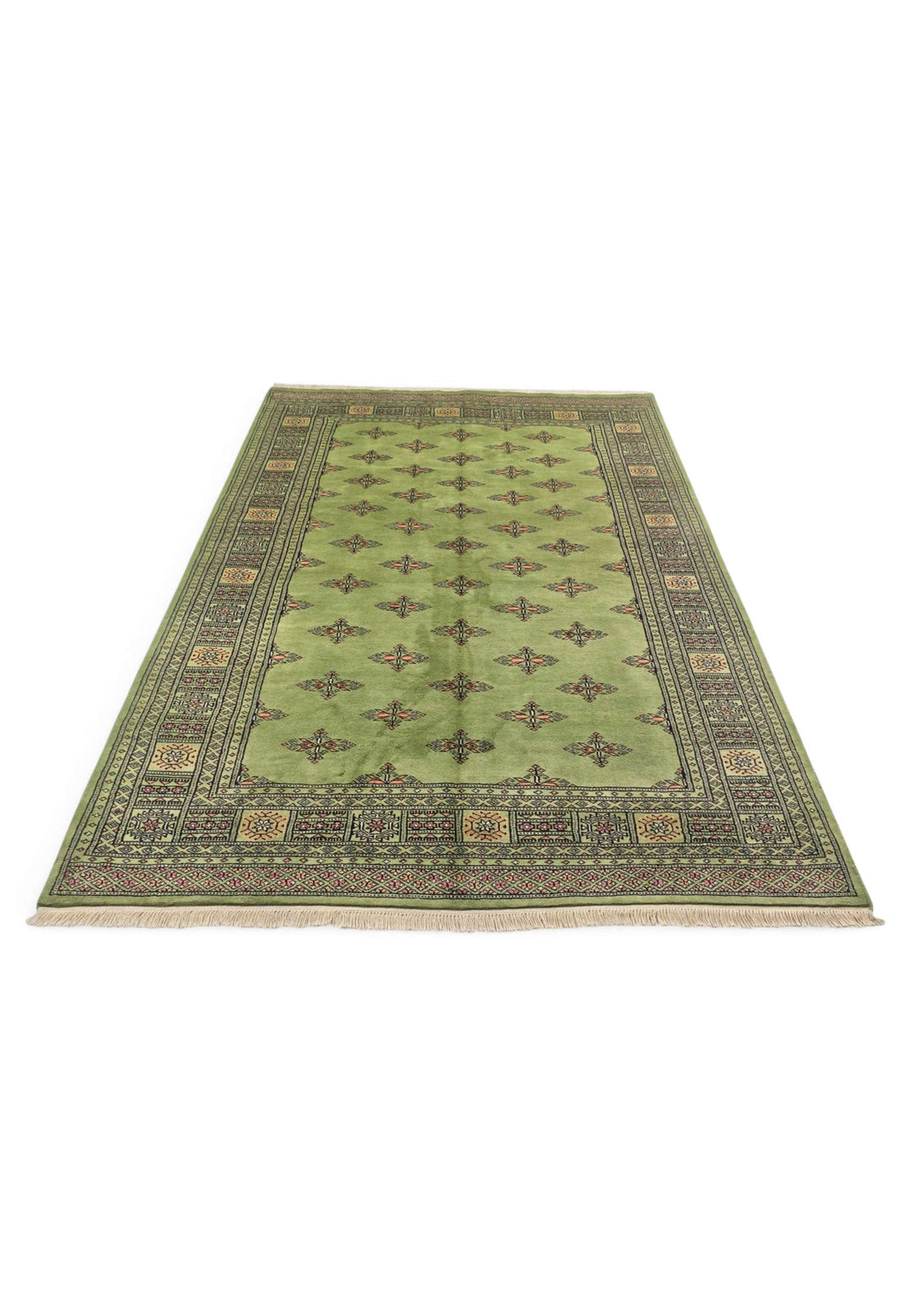 Border detail of olive green hand-knotted Bokhara rug, minimal design