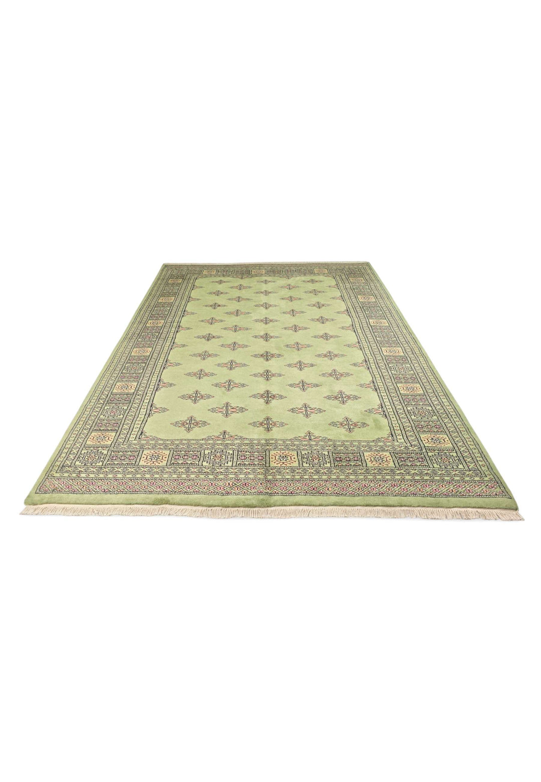 Hand-knotted wool pile of olive green Bokhara rug, 167×233cm