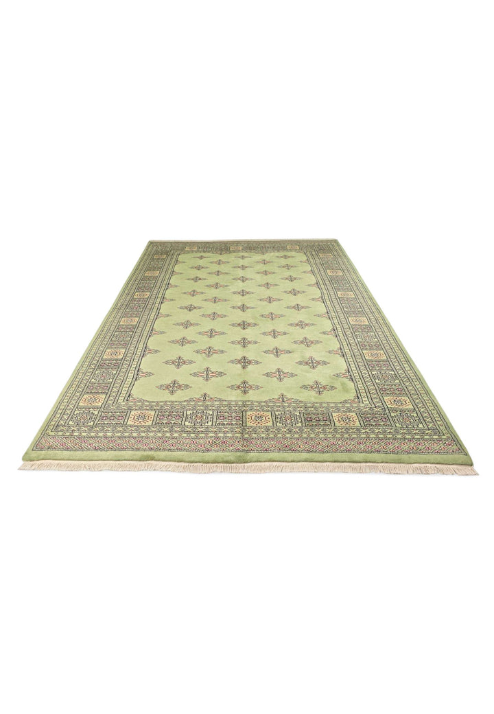 Hand-knotted wool pile of olive green Bokhara rug, 167×233cm