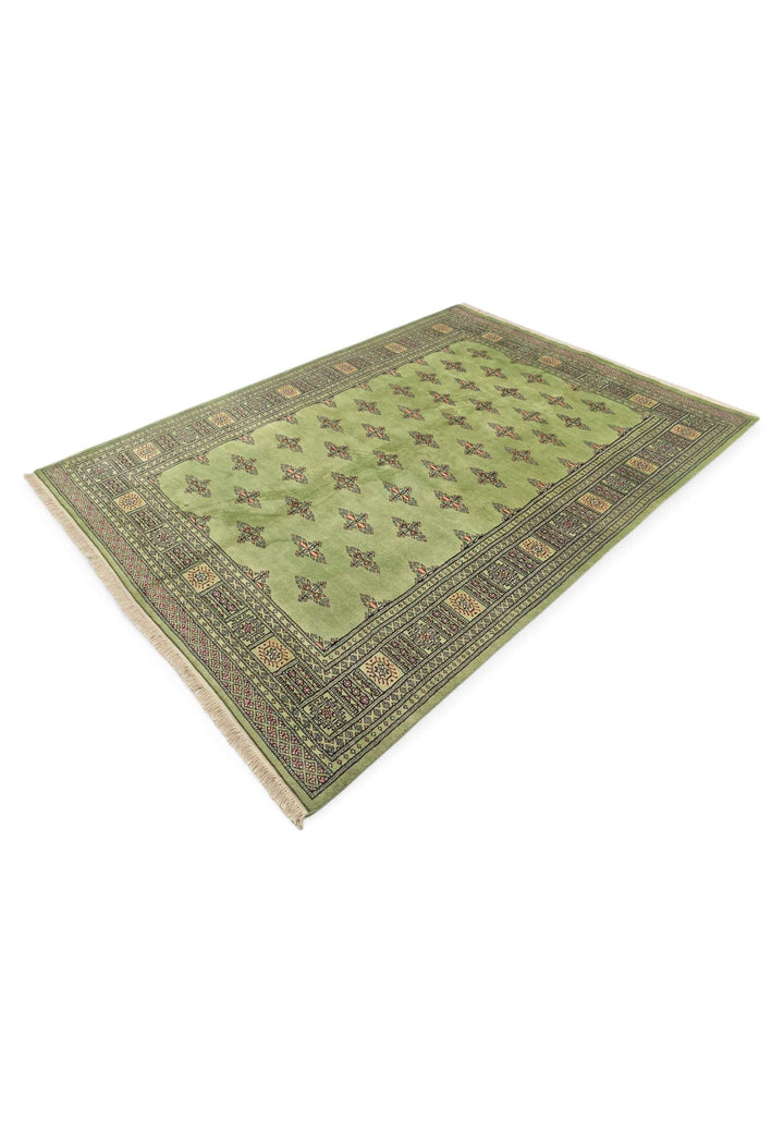 Olive green Bokhara wool rug 167×233cm, Pakistani craftsmanship