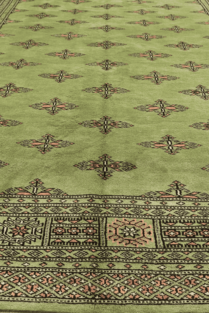 One-of-a-kind olive green open field Pakistani Bokhara rug