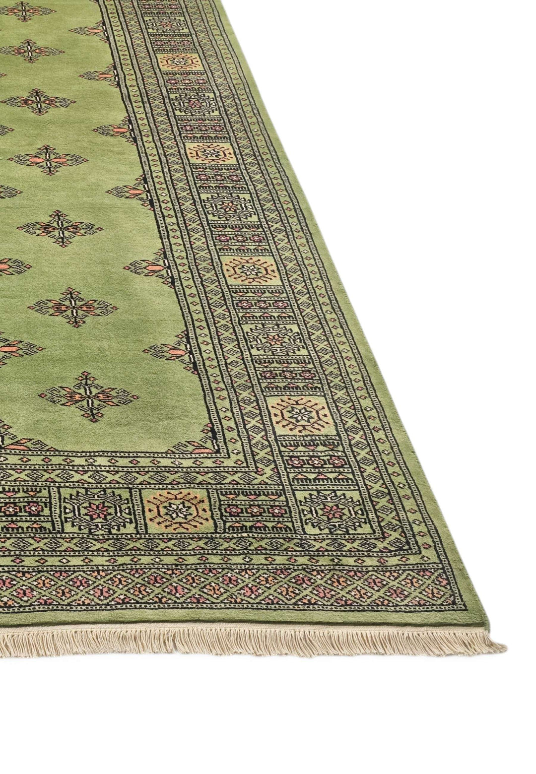 Hand-knotted olive green Bokhara rug with plain open field