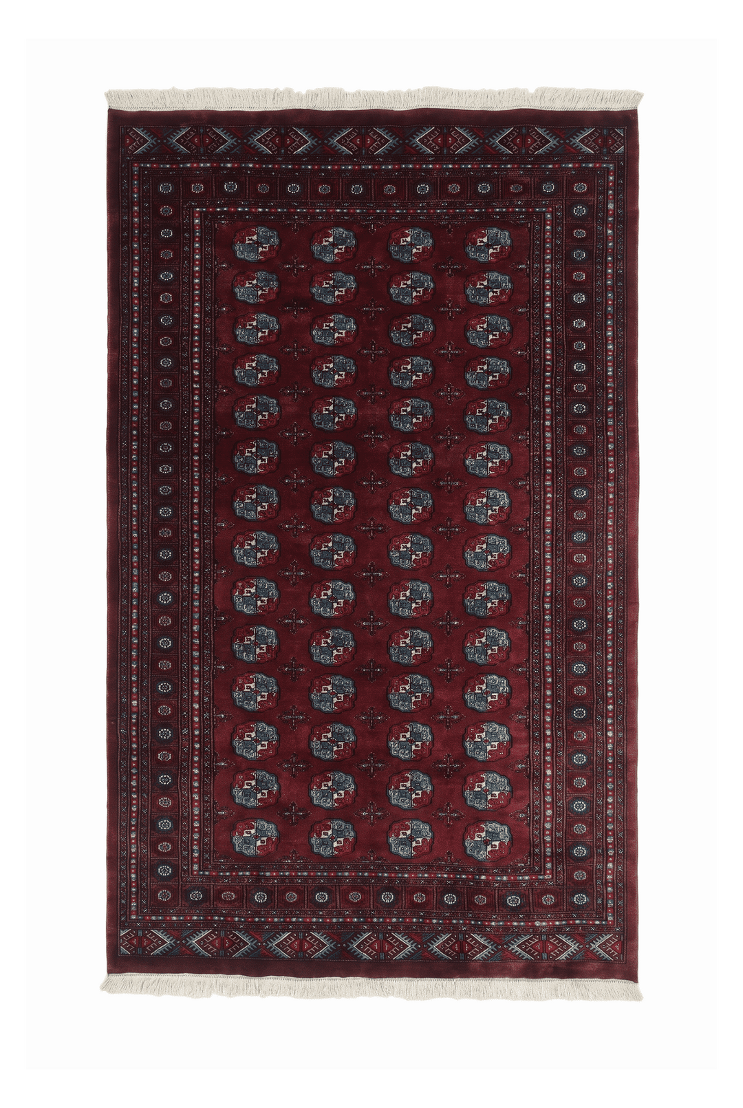 Oxblood and blue Turkmen gül Bokhara rug, 169×270cm, about 3 tatami