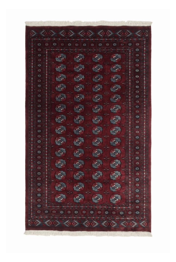 Oxblood and blue Turkmen gül Bokhara rug, 169×270cm, about 3 tatami