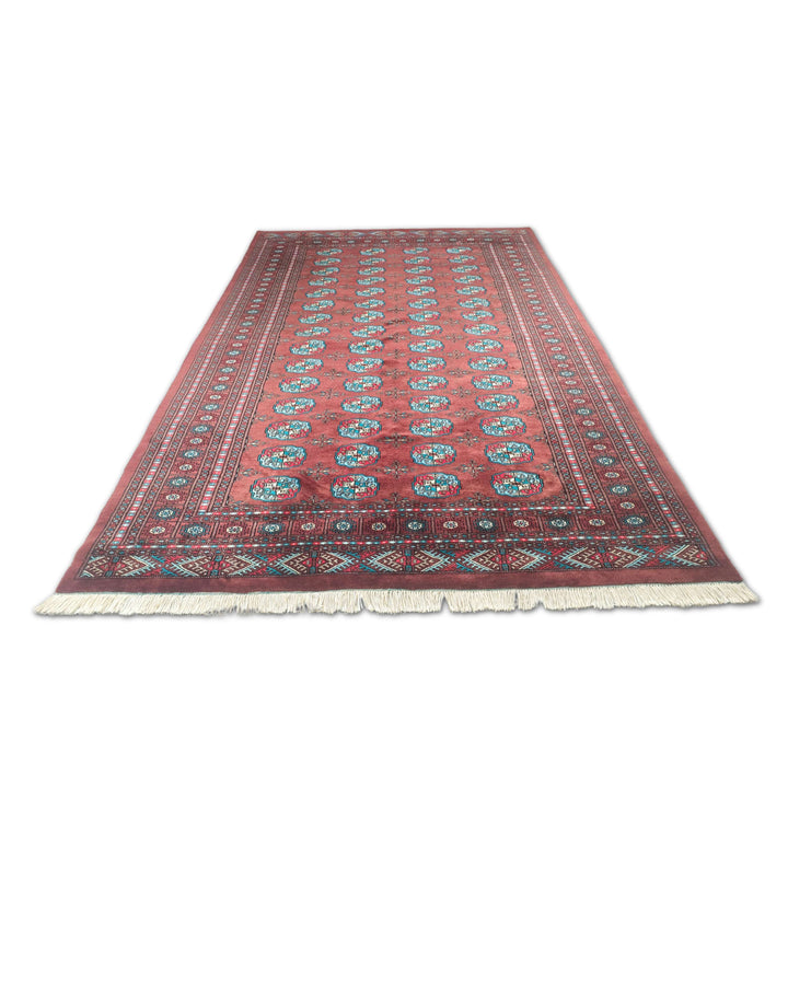 Hand-knotted wool pile of oxblood Bokhara rug, 169×270cm