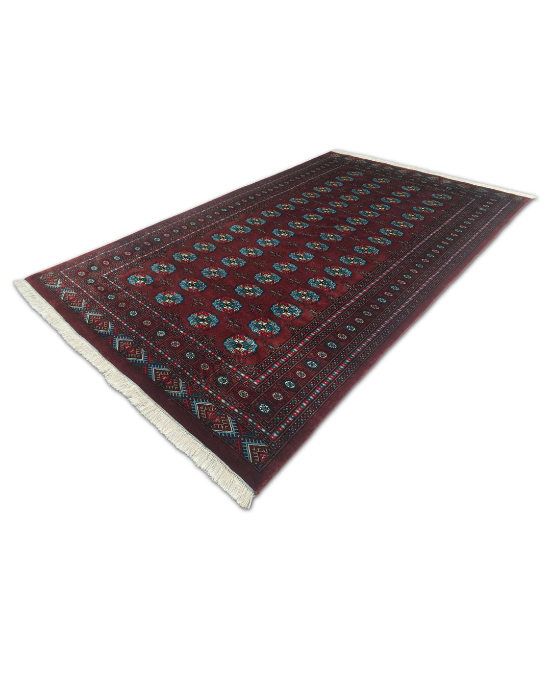 Oxblood and blue Turkmen gül rug for a living room, about 3 tatami