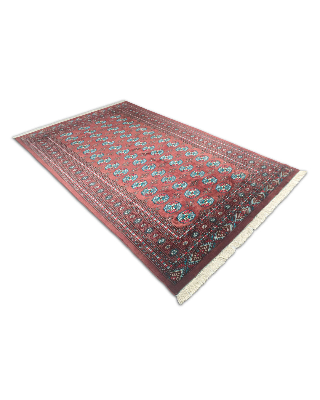 One-of-a-kind oxblood and blue Pakistani Bokhara wool rug