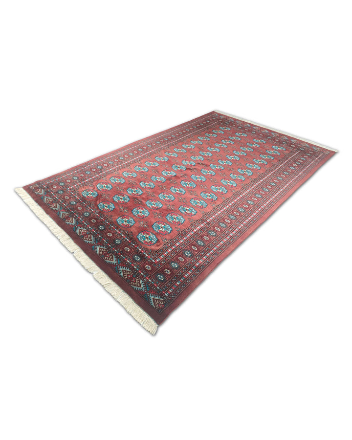 Hand-knotted oxblood Bokhara rug with blue Turkmen güls