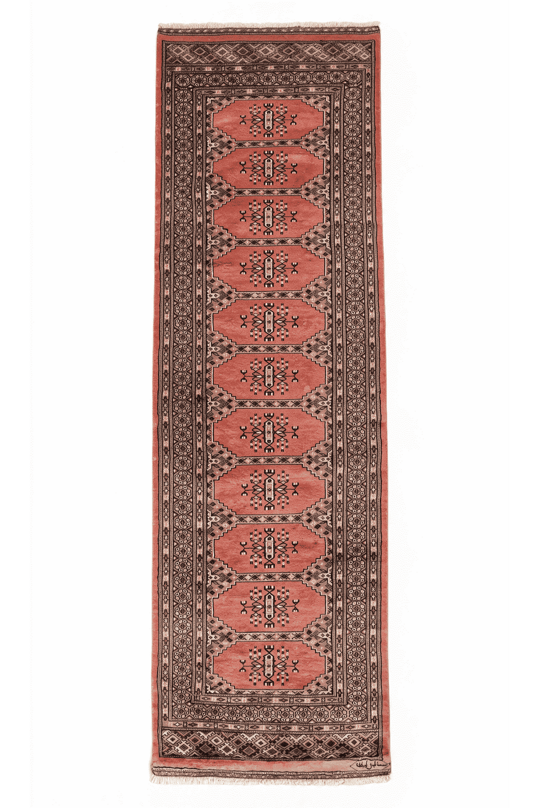 Salmon and ivory Turkmen gül Bokhara runner, 79×266cm, signed hand-knotted wool